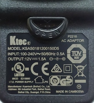 Блок питания Orig Ktec, 12В, 1,5А 18Вт, НОВЫЙ