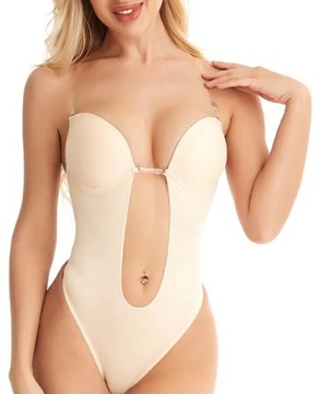 BODY damskie z głębokim dekoltem BEZ PLECÓW BIUSTONOSZ pod sukienkę STRINGI