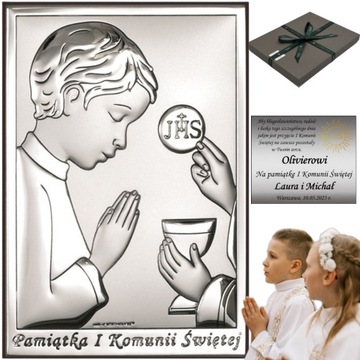 PAMIĄTKA KOMUNII ŚWIĘTEJ Srebrny Obrazek na Komunię dla chłopca z grawerem