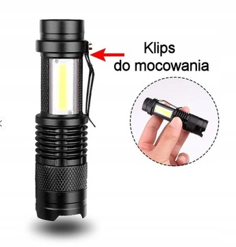 Latarka Kieszonkowa LED COB XPE USB Aluminiowa