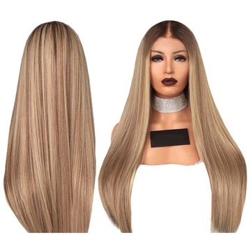 Długa PERUKA ombre BLOND ciemny PROSTE włosy