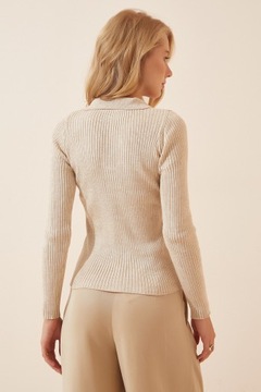Trendyol Damski sweter z kołnierzykiem polo w kolorze kremowym S/M