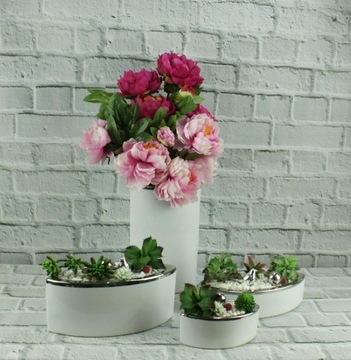 Плоская керамическая ваза H16, бело-серебристая