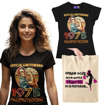 KOSZULKA na 50 urodziny damska VINTAGE 1975 PREZENT dla żony +TORBA GRATIS