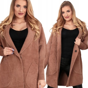 ALPAKA PŁASZCZ MODNY CIEPŁY OVERSIZE PLUS SIZE 44-54 CIEMNY KARMELOWY 1918