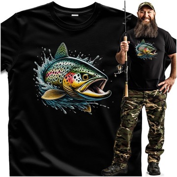 Tshirt męski Dla Wędkarza Ryby Łowienie Wędkarska z Trocią Troć 3D z wody L