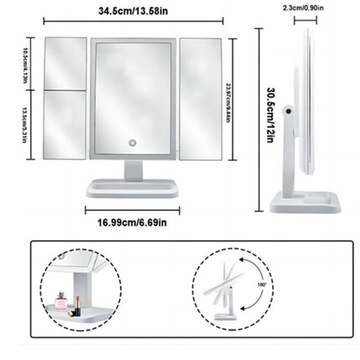 Зеркало для макияжа со светодиодной подсветкой, трехстороннее, складное, 74LED, белое