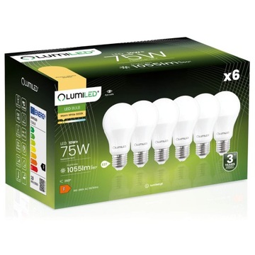 6x Żarówka LED E27 10W = 75W 1055lm 3000K CIEPŁA BIAŁA PREMIUM EMC2 LUMILED