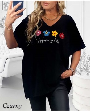 T-SHIRT KOSZULKA BAWEŁNA kolorowe kwiatuszki PLUS SIZE V dekolt 2XL-5XL T38