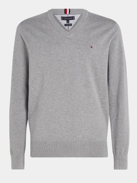 sweter meski tommy hilfiger szary w serek elegancki małe logo bawełniany