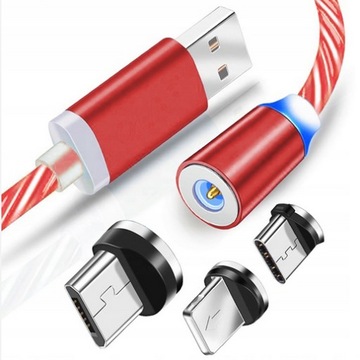 Kabel USB Magnetyczny 3-w-1 Świecący 1 metr 2,4A CZERWONY