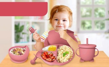 СИЛИКОНОВЫЙ ОБЕДЕННЫЙ НАБОР ИЗ 8 ПРЕДМЕТОВ. ДЕТСКИЙ РОЗОВЫЙ КОМПЛЕКТ