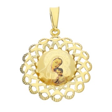 Medalik złoty Matka Boska z Dzieciątkiem w ażurowym kole próba 585