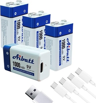 4 Pack 9V 1000mAh Bateria z portem ładowania typu C, Li-ion 6F22