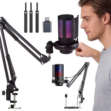 KOLOROWY MIKROFON POJEMNOŚCIOWY RGB Z WTYCZKĄ USB Z PRZYCISKIEM WYCISZANIA