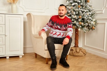 Męski sweter świąteczny w domek i renifery Vip Stendo 68384 czerwony 4XL
