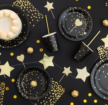 Набор тарелок, чашек, бумажных салфеток, черная скатерть BIRTHDAY