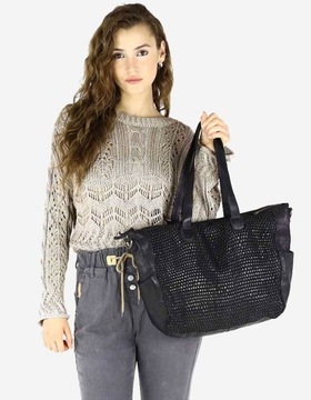 Skórzana torba damska shopper na ramię pleciony czarny MARCO MAZZINI VS19a