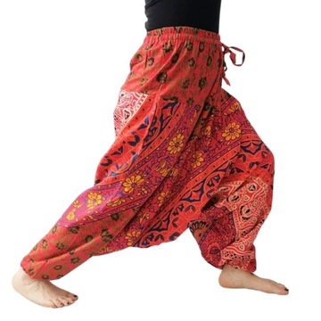 Szarawary spodnie alladynki haremki joga czerwone wzory bawełna Indie
