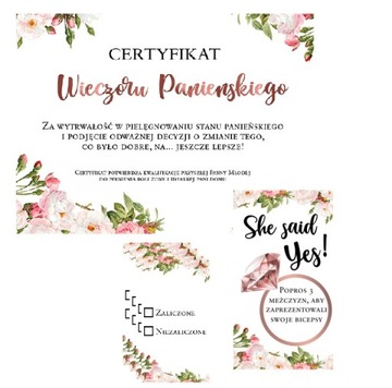CERTYFIKAT + GRY na Wieczór Panieński kwiatki róż