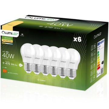 6x Żarówka LED E27 KULKA 5W = 40W 3000K LUMILED
