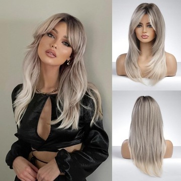 Peruka Brązowo-Blond Ombre Włosy Długie Falowane Grzywka Jasnybrąz