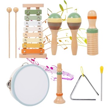 DREWNIANE INSTRUMENTY MUZYCZNE ZESTAW MONTESSORI DLA DZIECI BĘBENEK FLET