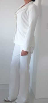 garnitur damski włoski biały elegancki kostium komplet ze spodniami szeroka