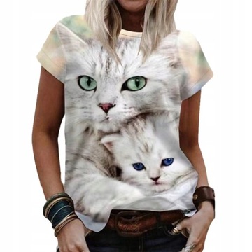 T-SHIRT DAMSKI KOSZULKA WZÓR 3D KOTEK FULLPRINT