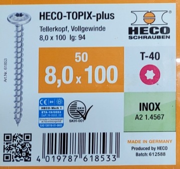 Столярный шуруп Inox A2 HECO TOPIC plus 8,0x100, полная резьба T40