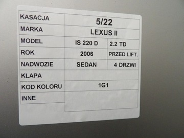 LEXUS II IS 220 2005-2010 SEDAN 1G1 VÍKO KUFRU ZADNÍ