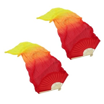 Hand Dancing Belly Dance Silk Bamboo Fans Long Veils Accessories Red+Yellow
