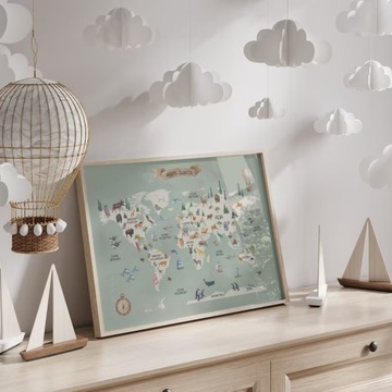 Picture Poster 60x90 World Map для детей с животными Монтессори