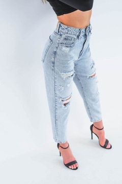 Damskie jeansowe spodnie dekatyzowane MOM FIT z dziurami push up M