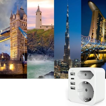 ADAPTER PODRÓŻNY EU do UK, WTYCZKA Z 3 PORTAMI USB+1 PORTEM USB-C 6 W 1