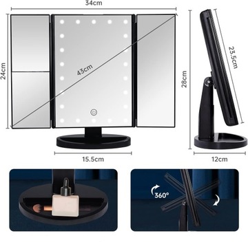 LUSTERKO KOSMETYCZNE PODŚWIETLANE DO MAKIJAŻU SKŁADANE LED 22 DIOD o