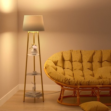 LAMPA STOJĄCA PODŁOGOWA TRÓJNÓG ZE STOLIKIEM ZŁOTY