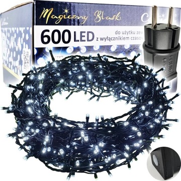 LAMPKI CHOINKOWE 600 LED atest TIMER FLASH NA CHOINKĘ CHOINKA ZIMNA BIEL