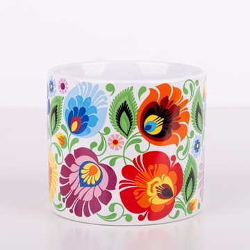 BIAŁA OSŁONKA DONICZKA CERAMICZNA FOLK - WZORY ŁOWICKIE - DUŻA