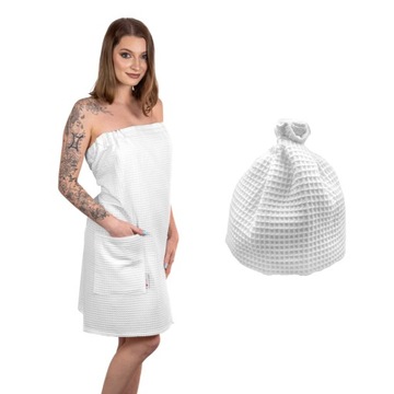 ZESTAW DO SAUNY KILT DAMSKI BISCOTTO 150x70[cm] CZAPKA CAPELLO PORJUN BIAŁY