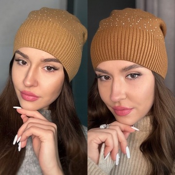 CZAPKA DAMSKA CEKINY MODNA ELEGANCKA CIEPŁA WIOSNA JESIEŃ BEANIE KOLOR 2921