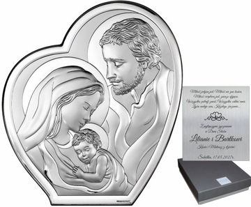 PAMIĄTKA ŚLUBU SREBRNY OBRAZEK Z GRAWEREM ŚWIĘTA RODZINA JUBILEUSZ