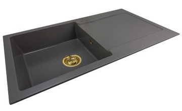 ZLEW ZLEWOZMYWAK JEDNOKOMOROWY GRANITOWY DO KUCHNI SZARY 90X50 +ZŁOTY SYFON