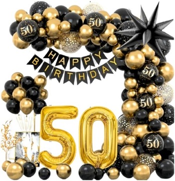 Balony Na 50 Urodziny Zestaw Balonów Dekoracji Ozdoby Girlanda Czarno Złota
