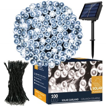 LAMPKI CHOINKOWE SOLARNE 100 LED 12m GIRLANDA BIAŁY ZIMNY 8 FUNKCJI
