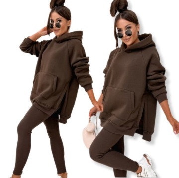KOMPLET DRESOWY OCIEPLANY DŁUGA BLUZA Z ROZCIĘCIAMI I LEGGINSY BRĄZ