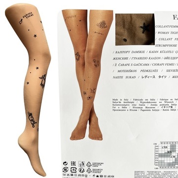 CALZEDONIA Cieliste Cienkie Rajstopy Imitacja Tatuaży TATOO MARINA 1/2 S/M