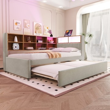 Sofa rozkładana 90x200, łóżko wysuwane Schowek na gniazdo LED Jasnoszary