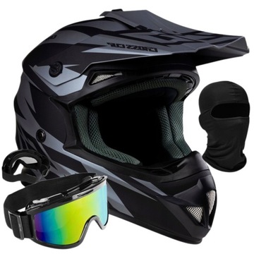Kask Motocyklowy Cross Cup/Two + Gogle, Kominiarka, Czarny Mat 53-54 cm XS