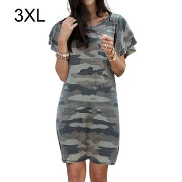 Women Dress Camouflage Print Long T-shirt Short Sleeve Loose Dress, Army Gr